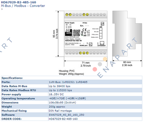 HD67029-B2-485-160 ゲートウェイ M-Bus/Modbus RS485 (最大 160 スレーブ)